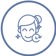 Icon of a smiling girl with a blue outline on a white background