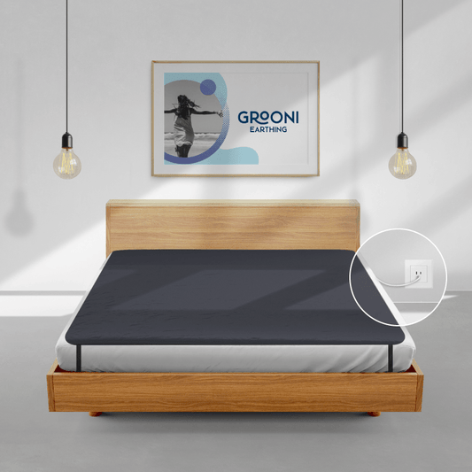 A bed in a room with a poster of Grooni Earthing