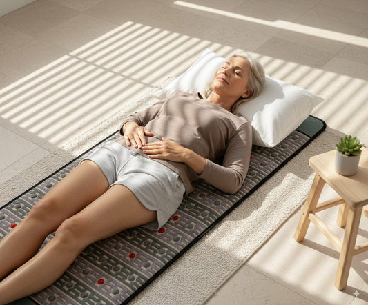 Older woman resting on a patterned PEMF mat with eyes closed, head on a white pillow, hands on her stomach, natural light through blinds, small stool with a succulent nearby.
