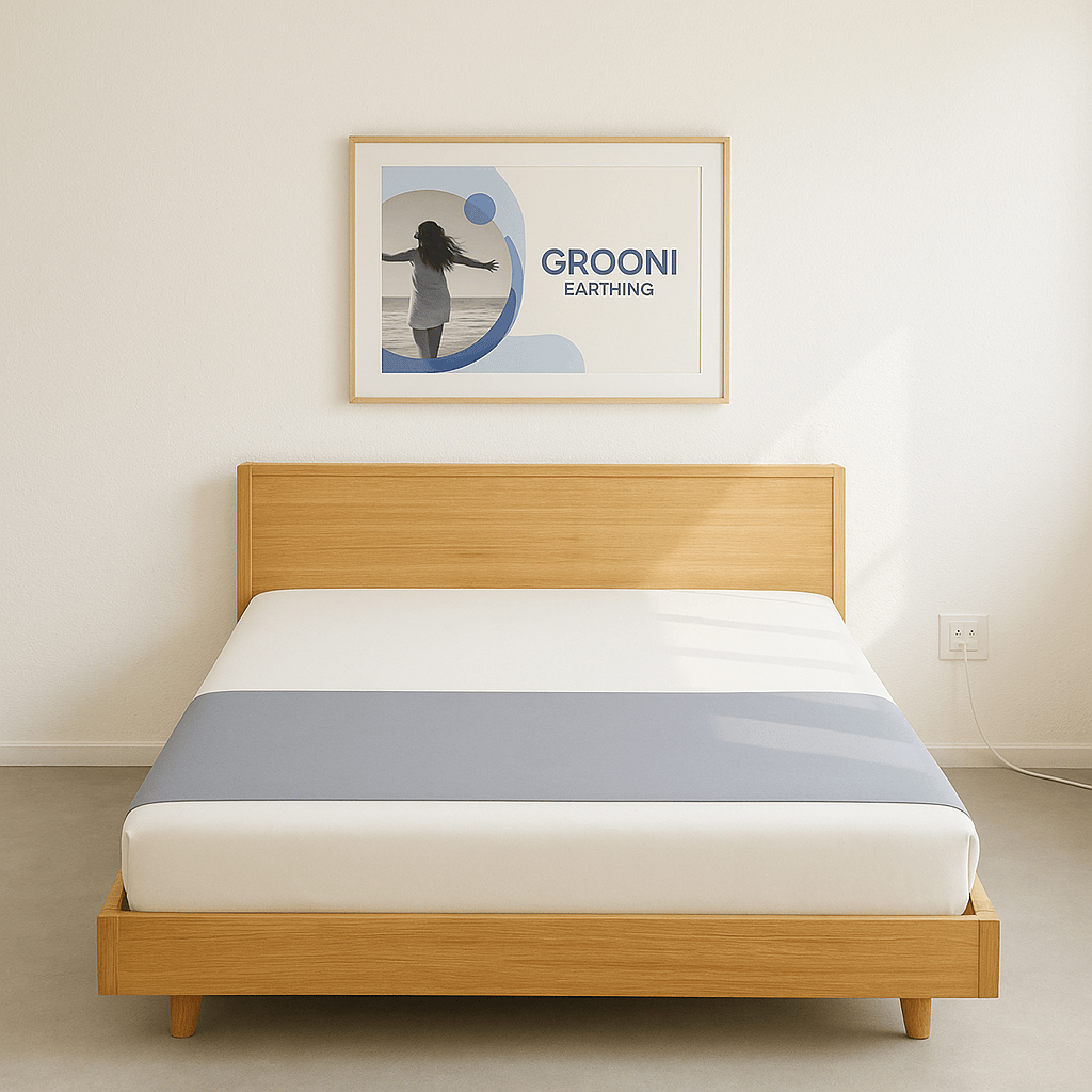 Wooden bed with white mattress and gray grounding half sheet in a room with a 'GROONI' framed picture on the wall.