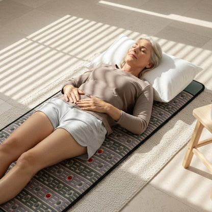 Woman lying on a pemf mat in a sunlit room