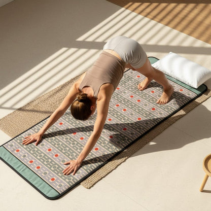 Person practicing yoga on a pemf mat indoors with natural light.
