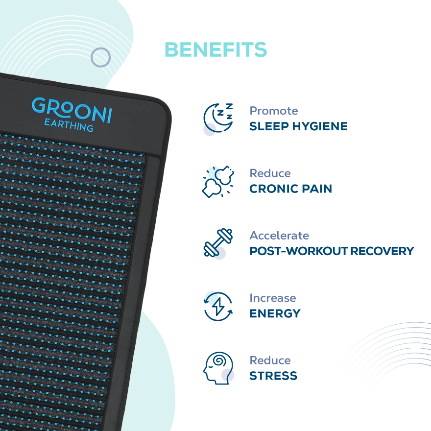 Graph showcasing a PEMF mat and ints benefits like sleeping hygiene, chronic pain, post workout recovery, energy levels and stress management