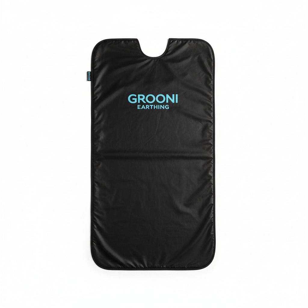 Black sauna blanket with 'Grooni Earthing' logo on a white background