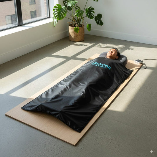 Person lying on a black sauna blanket with 'Kiron' branding in a sunlit room.