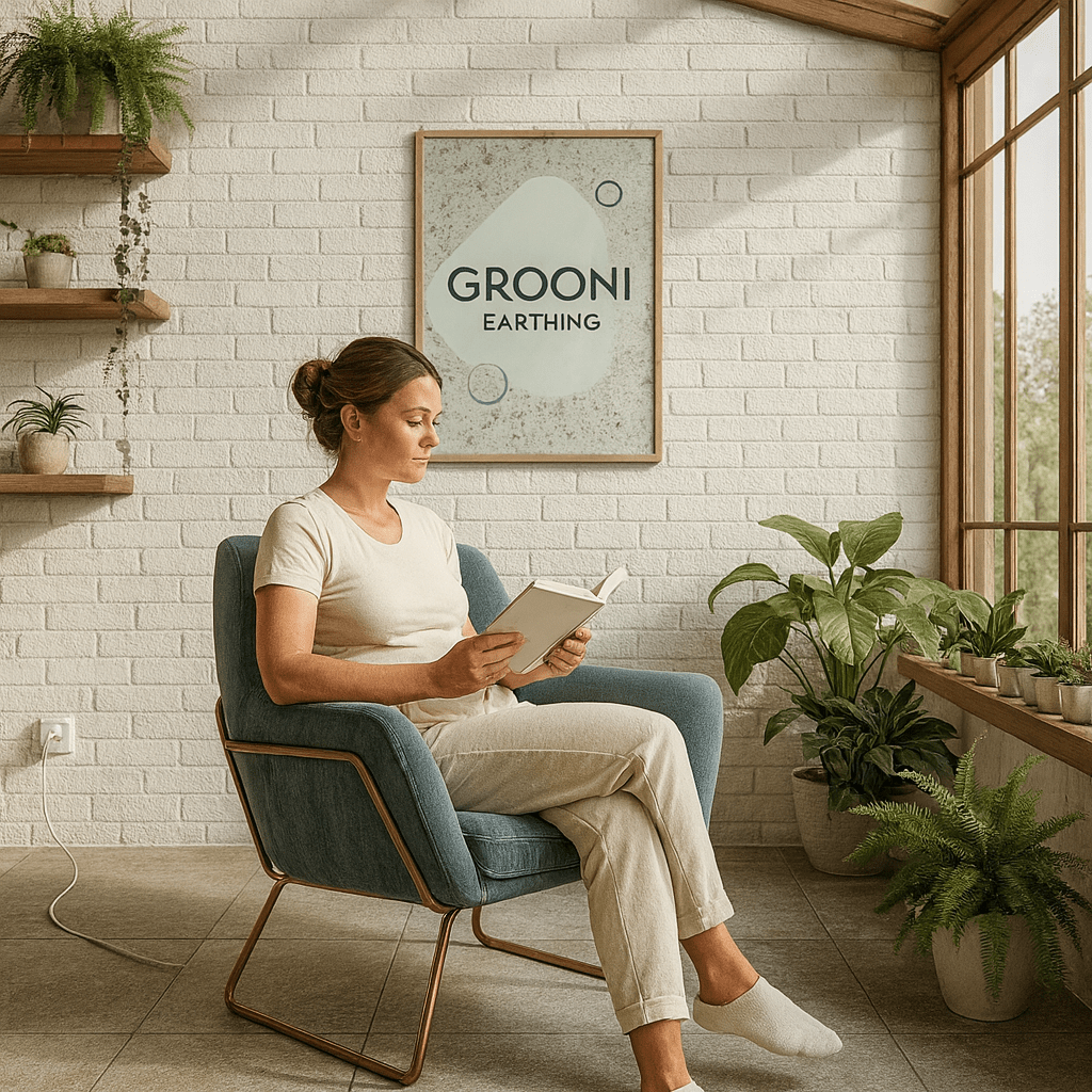 Woman reading a book in a cozy room with plants and 'GROONI' poster.