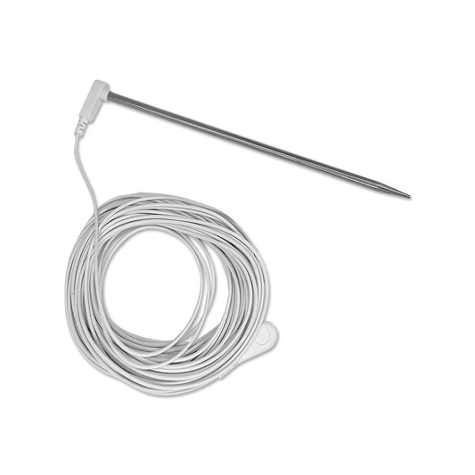A white thermometer with a wire attached to it